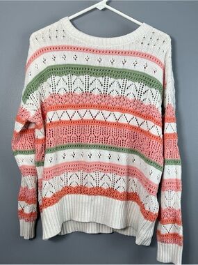 LOFT Ivory Open-Knit Crew Sweater with Pink, Coral & Green Stripes